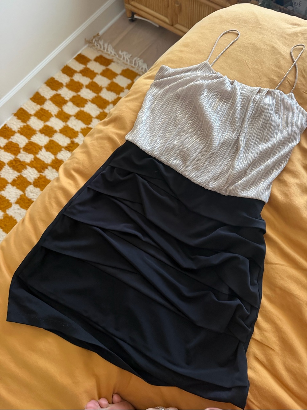 Sweet Storm tan/gold and Black Pleated Mini Dress